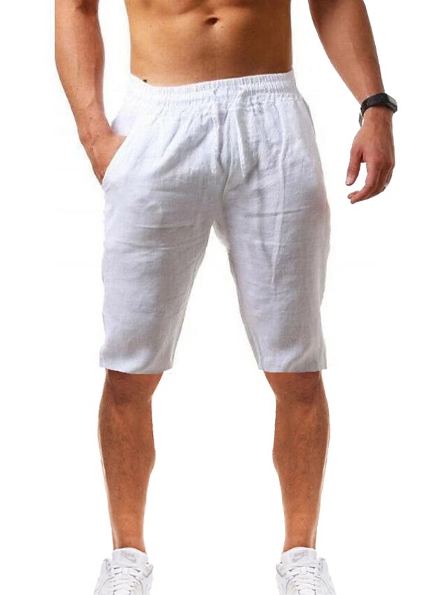  Men's Shorts Linen Shorts Sporty Shorts Sports Micro-elastic Sports Solid Color Mid Waist Navy ArmyGreen White M L XL