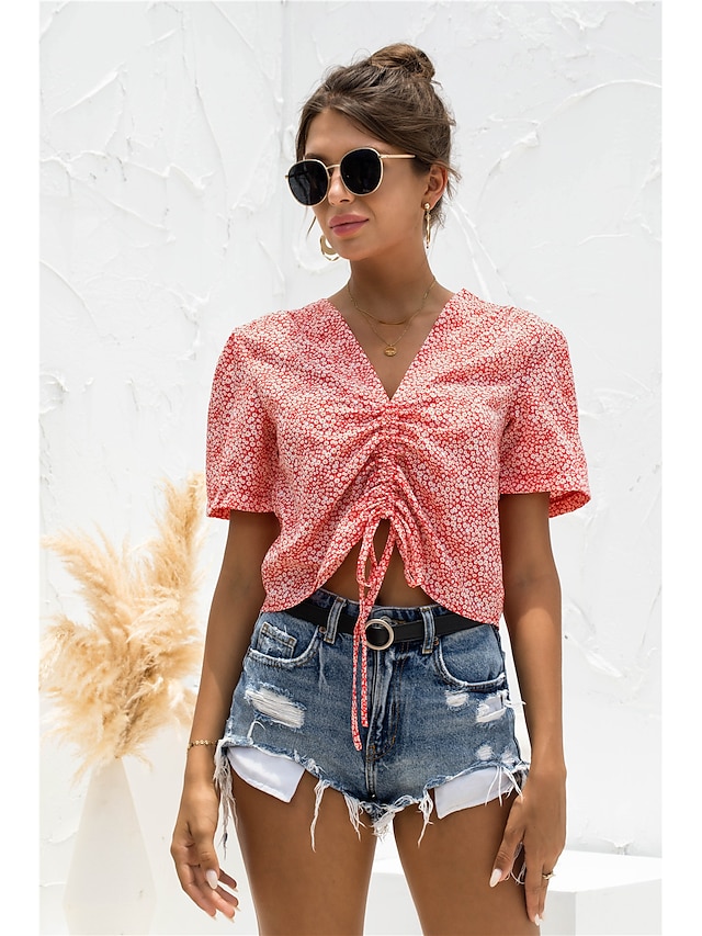 Womens Clothing Womens Tops | Womens Daily Weekend Floral Blouse Shirt Floral Short Sleeve Drawstring Print V Neck Casual Street