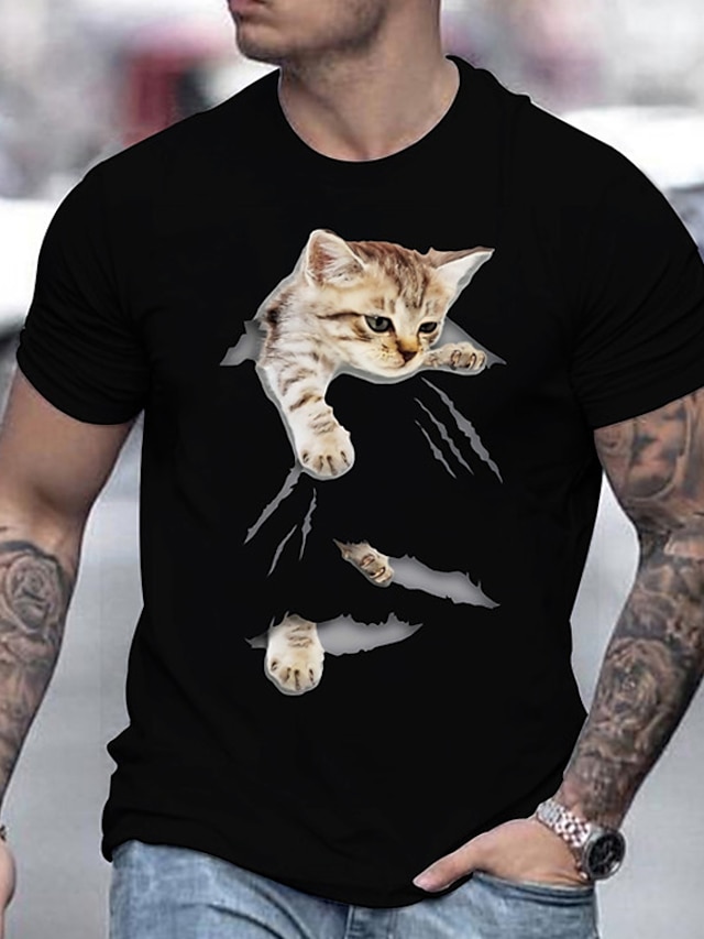 Cat Casual Mens 3D Shirt For Birthday | Yellow Summer Cotton | Black ...