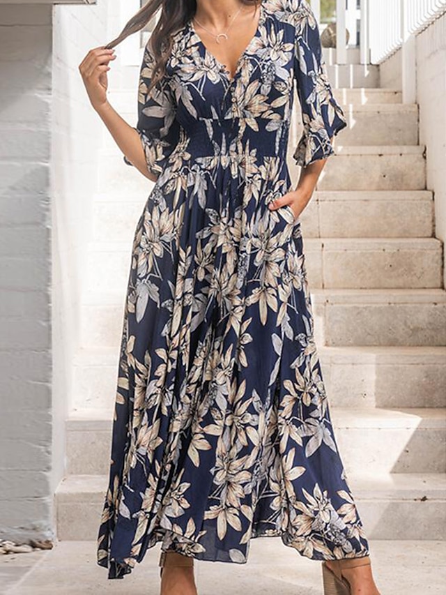 Women's Long Dress Maxi Dress Navy Blue Half Sleeve Floral Print Spring ...