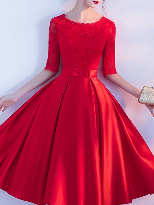  גזרת A שמלות קוקטייל אלגנטית שמלה ללבוש למסיבה מסיבת קוקטייל באורך הקרסול חצי שרוול עם תכשיטים סאטן עם פפיון(ים) קפלים ריקמה 2024