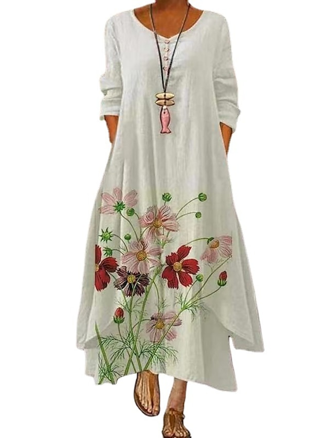  Women's Casual Dress Swing Dress Long Dress Maxi Dress White 3/4 Length Sleeve Floral Print Winter Fall Autumn Crew Neck S M L XL XXL XXXL 4XL 5XL