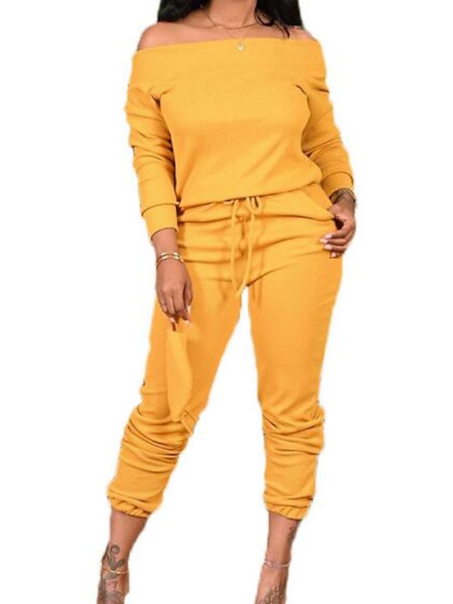 Womens Clothing Plus Size Collection | Womens Plus Size Jumpsuit Drawstring Plain Long Sleeve Basic Spring Summer Yellow Wine Ar