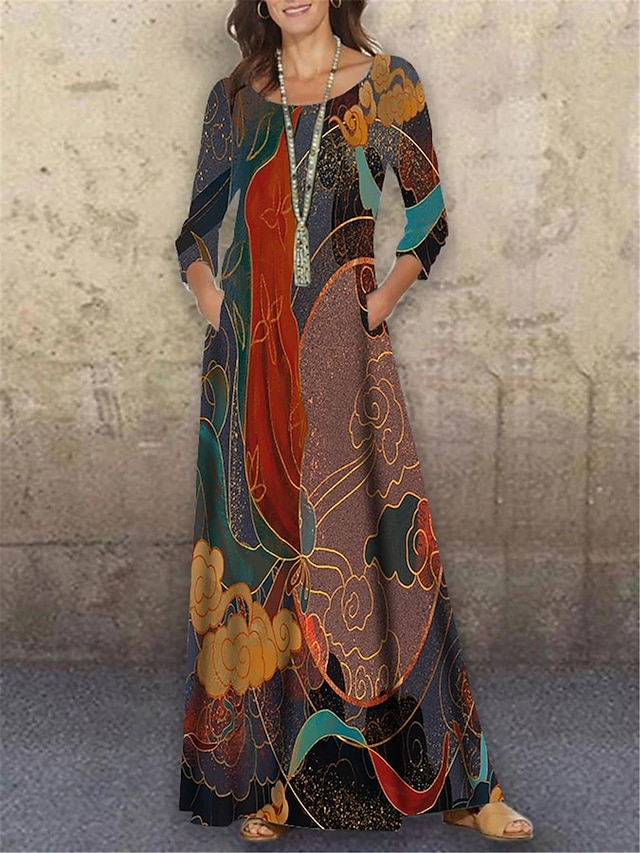 Women's Shift Dress Maxi long Dress Red 3/4 Length Sleeve Print