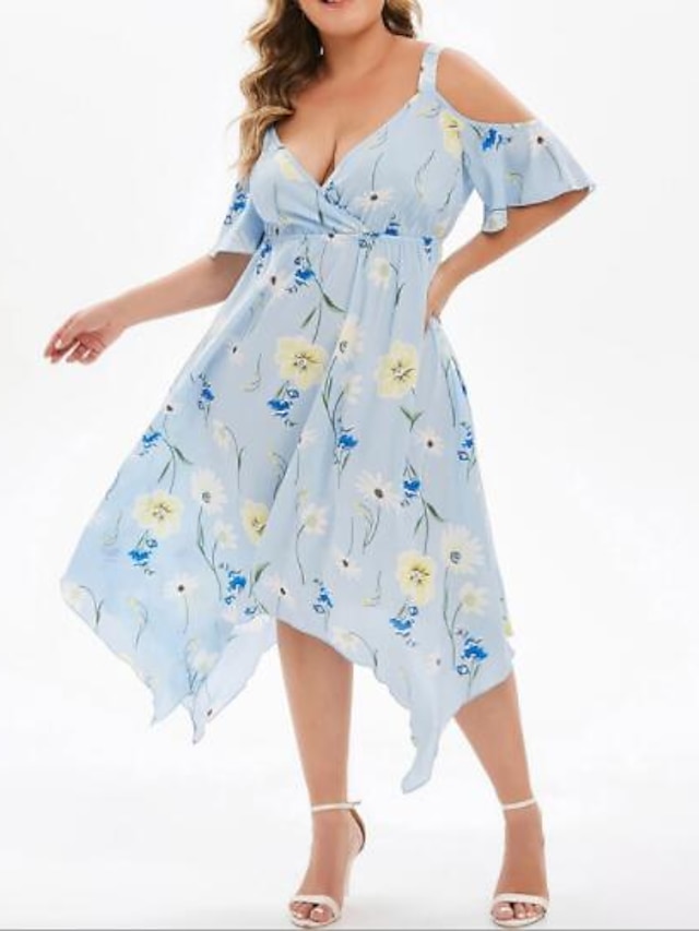 Womens Clothing Plus Size Collection | Womens Plus Size Swing Dress Floral V Neck Half Sleeve Spring Summer Fashion Maxi long Dr