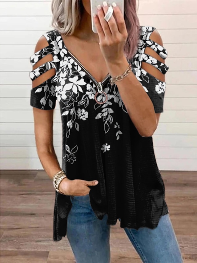 Women's Holiday Weekend Floral Blouse Eyelet top Shirt Floral Color Block Leopard Short Sleeve Cut Out Zipper Flowing tunic V Neck Basic Streetwear Tops Colourful Aqua green Color blue S / Print