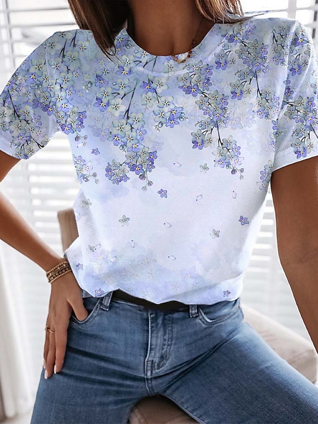  Women's T shirt Tee Floral Plants Daily Weekend Floral Painting Short Sleeve T shirt Tee Round Neck Print Basic Essential Blue S / 3D Print