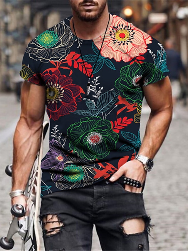  男性用 Tシャツ 面白いTシャツ フラワー グラフィック クルーネック B C E I K 3Dプリント プラスサイズ カジュアル 日常 半袖 衣類 ハワイアン デザイナー ベーシック スリムフィット