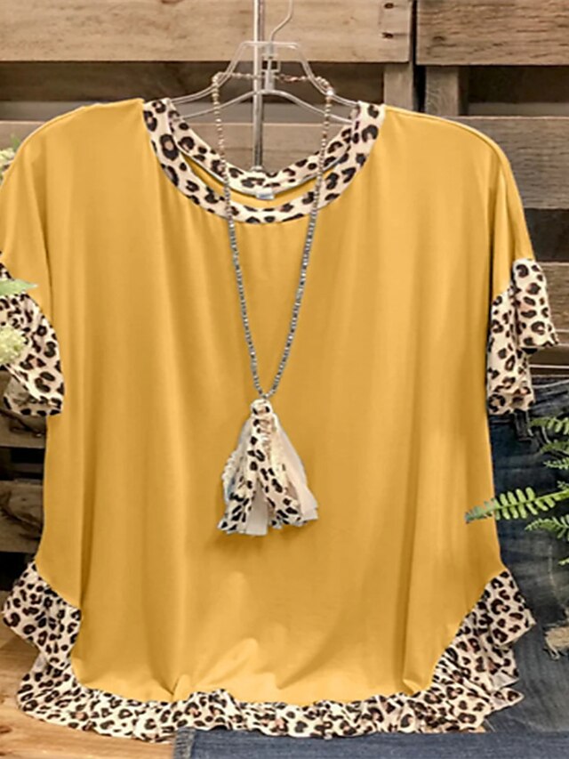 Womens Clothing Plus Size Collection | Womens Plus Size Tops T shirt Color Block Leopard Short Sleeve Round Neck Comfortable Cau