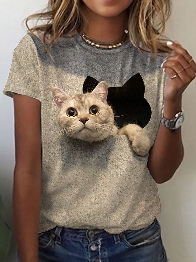  Women's Cat 3D Animal Daily Weekend 3D Cat Painting Short Sleeve T shirt Tee Round Neck Print Basic Essential Vintage Tops Gray S / 3D Print