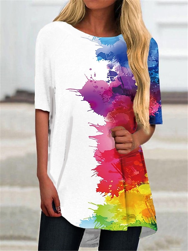 Women's T Shirt Dress Tee Dress Short Mini Dress Rainbow Half Sleeve Rainbow Color Gradient Print Spring Summer Round Neck Casual 2022 S M L XL XXL 3XL