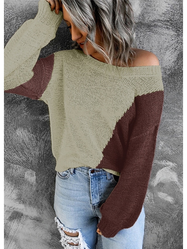 Womens Clothing Sweaters & Cardigans | Womens Pullover Sweater Jumper Knit Knitted Color Block Round Neck Stylish Casual Daily H