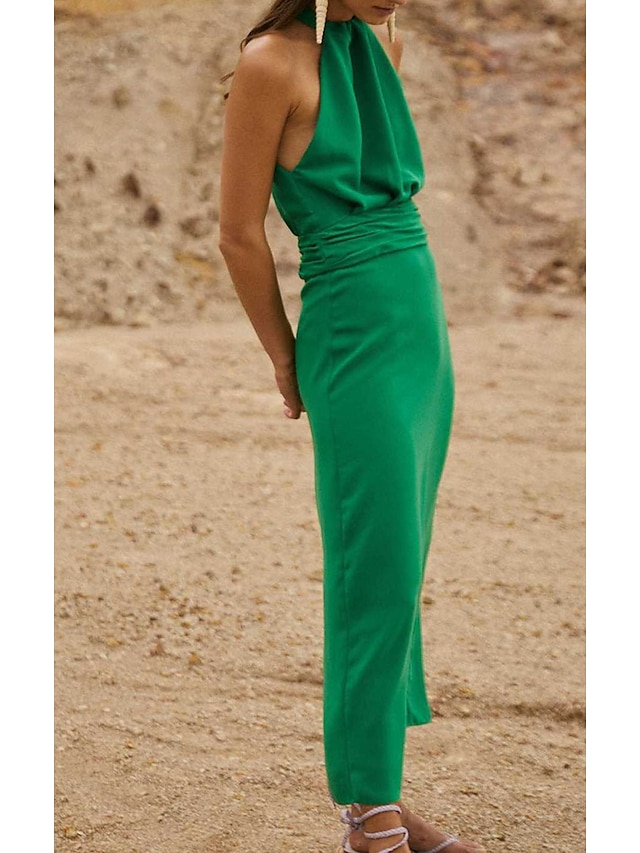 Womens Clothing Womens Dresses | Womens Sheath Dress Maxi long Dress Green Sleeveless Solid Color Fall Summer Halter Neck Casual