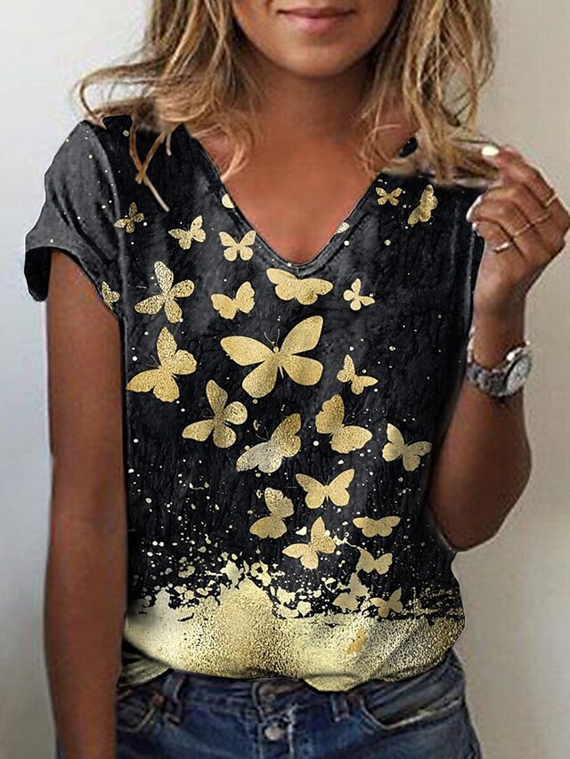 Womens Clothing Womens Tops | Womens Butterfly Daily Butterfly T shirt Tee Short Sleeve V Neck Basic Essential Vintage Tops Blac