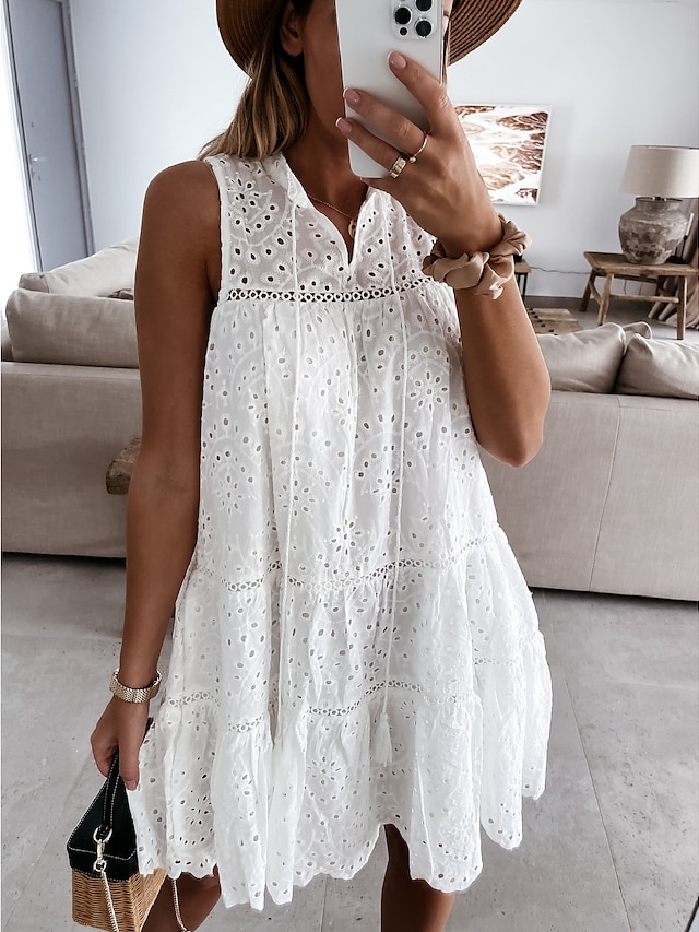 Womens Clothing Womens Dresses | Womens A Line Dress Short Mini Dress White Sleeveless Solid Color Summer Casual 2022 S M L XL -