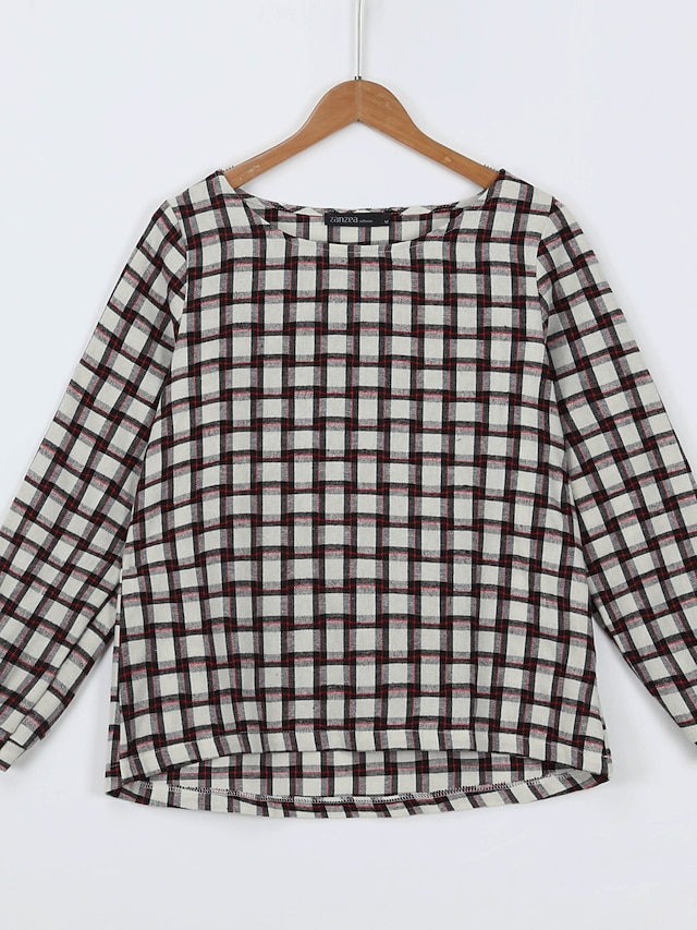 Womens Clothing Plus Size Collection | Womens Plus Size Tops Shirt Print Long Sleeve Round Neck Blue plaid white plaid - NZ16781