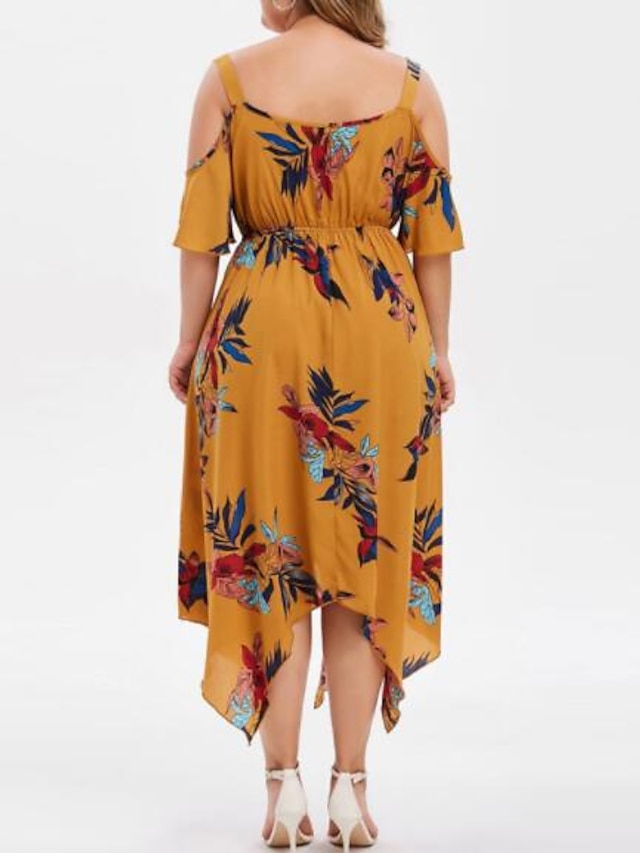 Womens Clothing Plus Size Collection | Womens Plus Size Swing Dress Floral V Neck Half Sleeve Spring Summer Fashion Maxi long Dr