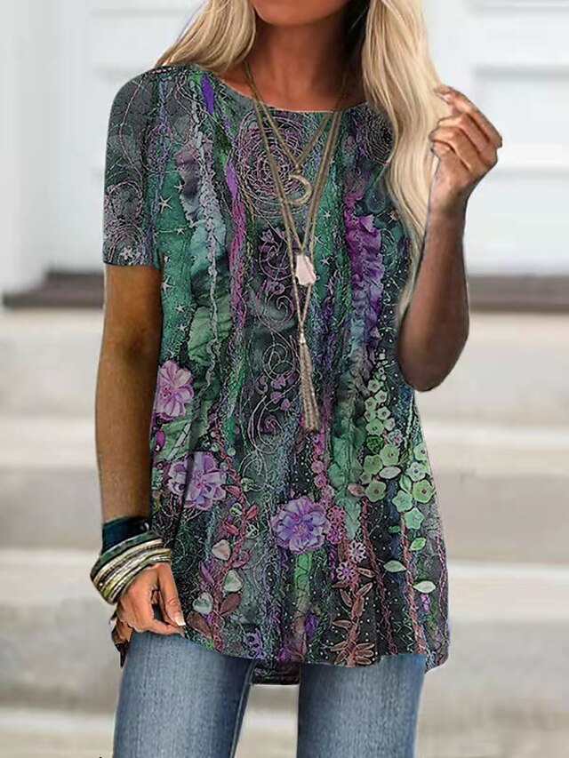  Women's T shirt Tee Tunic Yellow Light Purple Purple Graphic Floral Print Short Sleeve Casual Daily Tunic Vintage Basic Round Neck Long Floral S