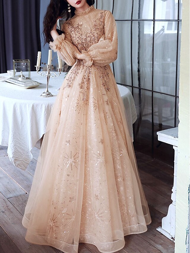 A-Line Gold Dresses Glittering Elegant Engagement Formal Evening Dress High Neck Long Sleeve Floor Length Tulle with Sequin  dress to impress2