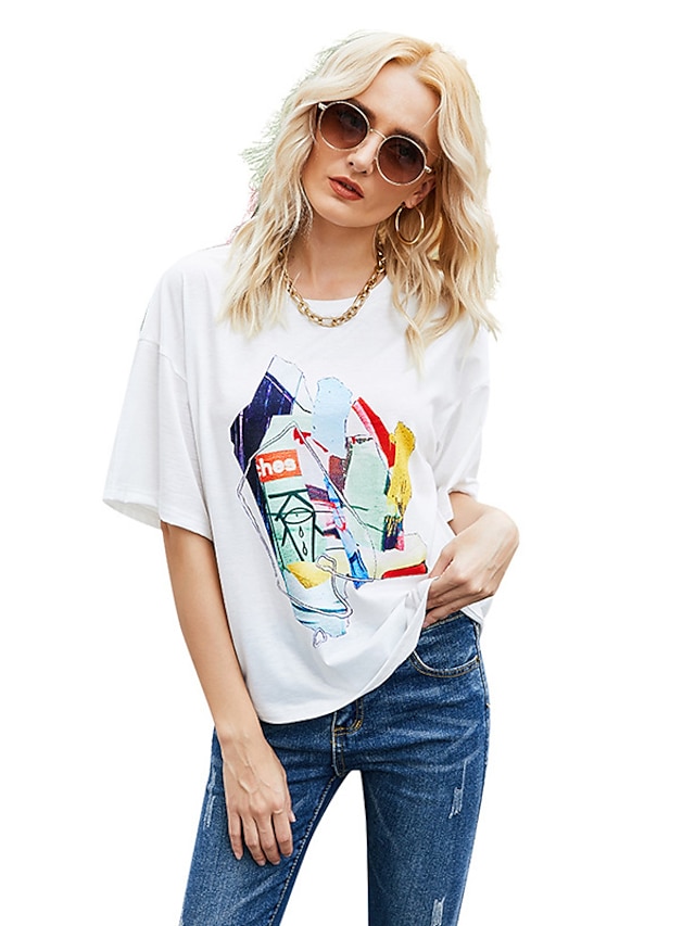 Womens Clothing Womens Tops | cartoon print o-neck loose t-shirt - RC95994