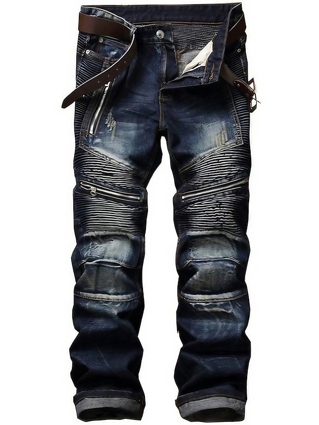  men's retro distressed zipper pleated wear-resistant jeans trousers straight pants slim fit retro style biker jeans pants