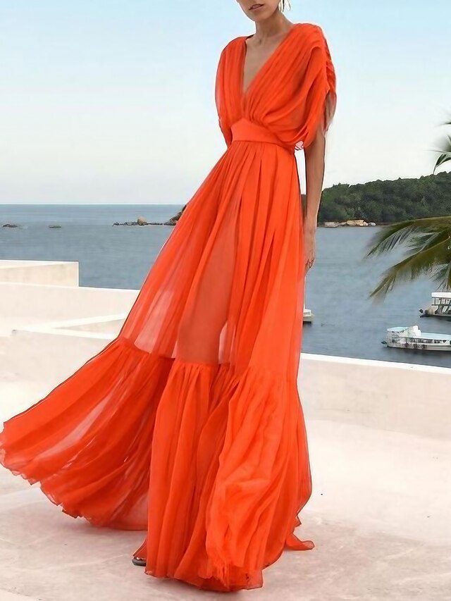 Womens Clothing Womens Dresses | Womens A Line Dress Maxi long Dress Orange Short Sleeve Solid Color Summer Casual 2022 S M L XL