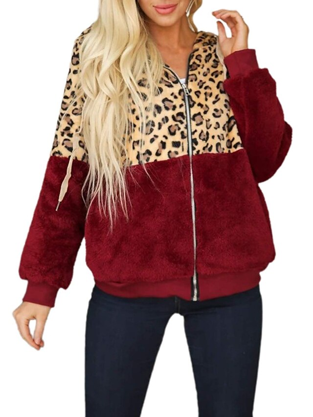  Women's Teddy Coat Regular Patchwork Coat Green White Red Brown Sporty Street Spring &  Fall Zipper Hoodie Regular Fit S M L XL XXL / Fleece / Wet and Dry Cleaning / Daily / Leopard