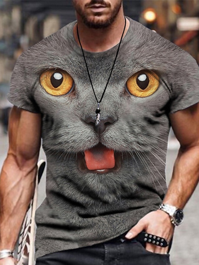  男性用 Tシャツ 面白いTシャツ 動物 猫 クルーネック A B C D E 3Dプリント プラスサイズ カジュアル 日常 半袖 衣類 ベーシック デザイナー スリムフィット 大きくて背が高い