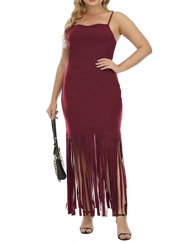  Women's Plus Size Strap Dress Solid Color Boat Neck Tassel Fringe Sleeveless Summer Casual Sexy Maxi long Dress Daily Weekend Dress