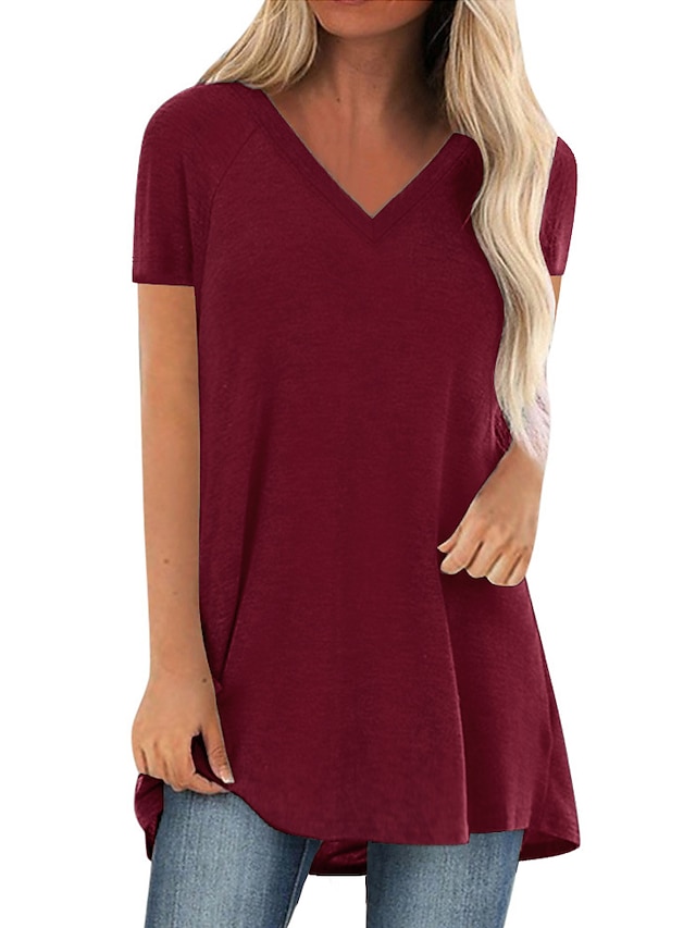  Women's Casual Daily Holiday T shirt Tee Short Sleeve Plain V Neck Basic Tops Wine Red Black Gray S