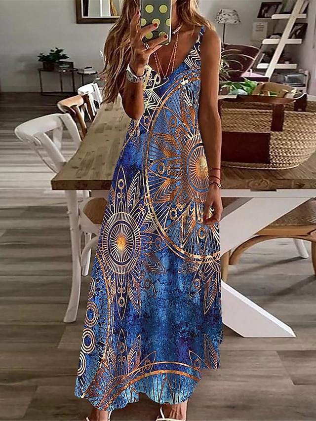  Γυναικεία Φόρεμα σε γραμμή Α Στάμπα Λαιμόκοψη V Μακρύ φόρεμα Καθημερινά Αμάνικο Καλοκαίρι Άνοιξη