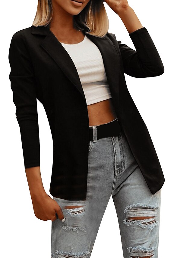  Women's Blazer Stylish Regular Coat Black off-white Causal Casual Fall Shirt Collar Regular Fit S M L XL / Daily / Solid Color