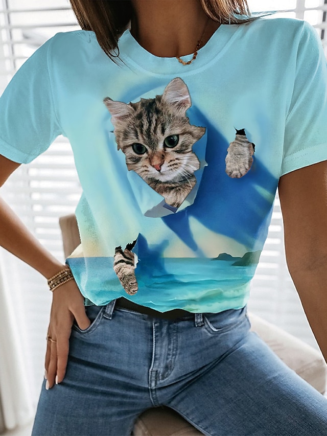  Women's T shirt Tee Designer 3D Print Cat Graphic 3D Design Short Sleeve Round Neck Daily Print Clothing Clothes Designer Basic Blue