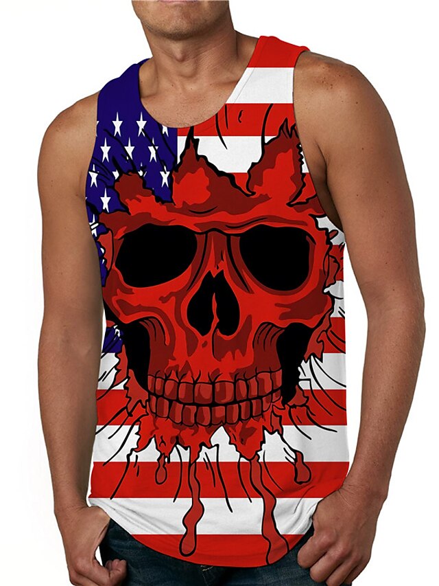  Men's Tank Top Undershirt 3D Print Graphic Prints Skull American Flag Crew Neck Daily Holiday Print Sleeveless Tops Casual Designer Big and Tall Red / Summer