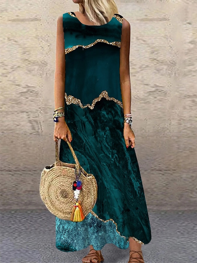 Womens Clothing Womens Dresses | Womens Shift Dress Maxi long Dress Green Sleeveless Print Print Summer Round Neck Elegant 2022 