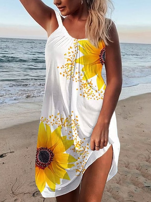  Women's Strap Dress Short Mini Dress Sleeveless Sunflower Print Summer Casual Loose 2022 S M L XL XXL
