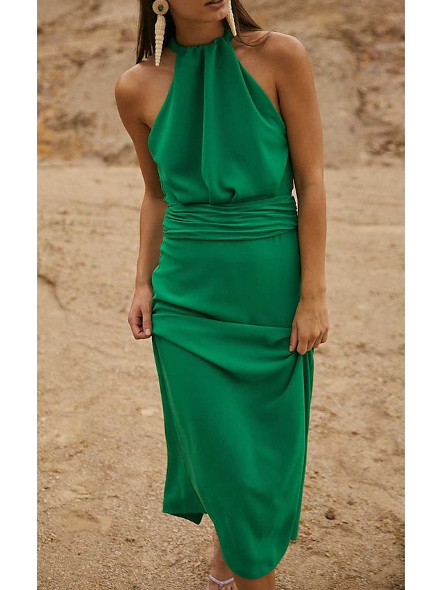 Womens Clothing Womens Dresses | Womens Sheath Dress Maxi long Dress Green Sleeveless Solid Color Fall Summer Halter Neck Casual