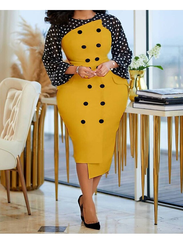 Womens Clothing Womens Dresses | Womens A Line Dress Midi Dress Green Blue White Yellow Long Sleeve Dot Summer Casual 2022 S M L