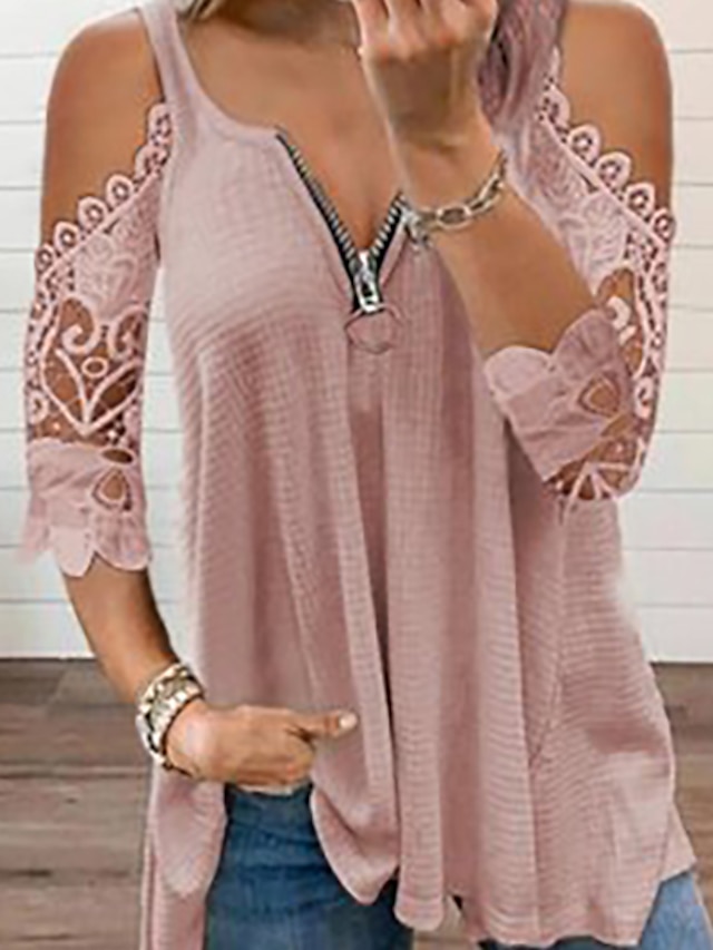  Women's Blouse Shirt Eyelet top Pink Red White Plain Lace Zipper Half Sleeve Holiday Weekend Basic Streetwear V Neck Regular S / Cut Out