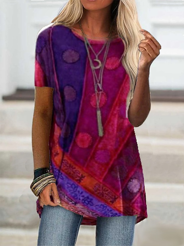  Women's Tunic Boho T-shirt T shirt Tee Burgundy Tee Graphic Geometric Color Block Casual Weekend Print Wine Short Sleeve Tunic Basic Boho Round Neck