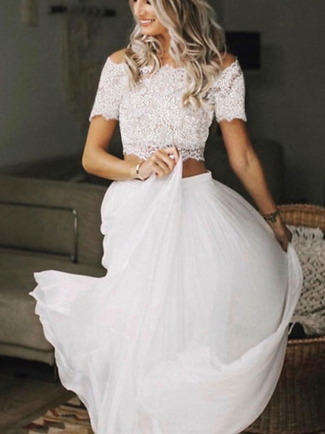  Beach Boho Wedding Dresses Two Piece Off Shoulder Short Sleeve Floor Length Chiffon Bridal Gowns With Pleats / 2024
