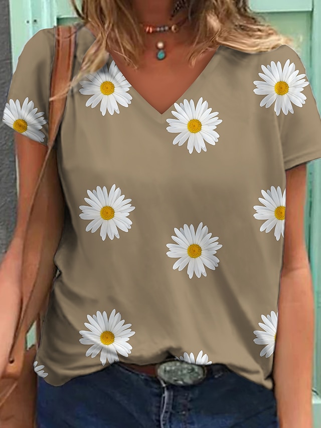  Women's T shirt 3D Print Floral Short Sleeve Daily Tops V Neck Blue Yellow Gray