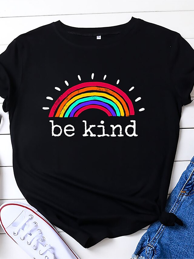 Womens Clothing Womens Tops | Womens Rainbow Daily Be kind T shirt Tee Short Sleeve Print Round Neck Basic Essential Tops Green 