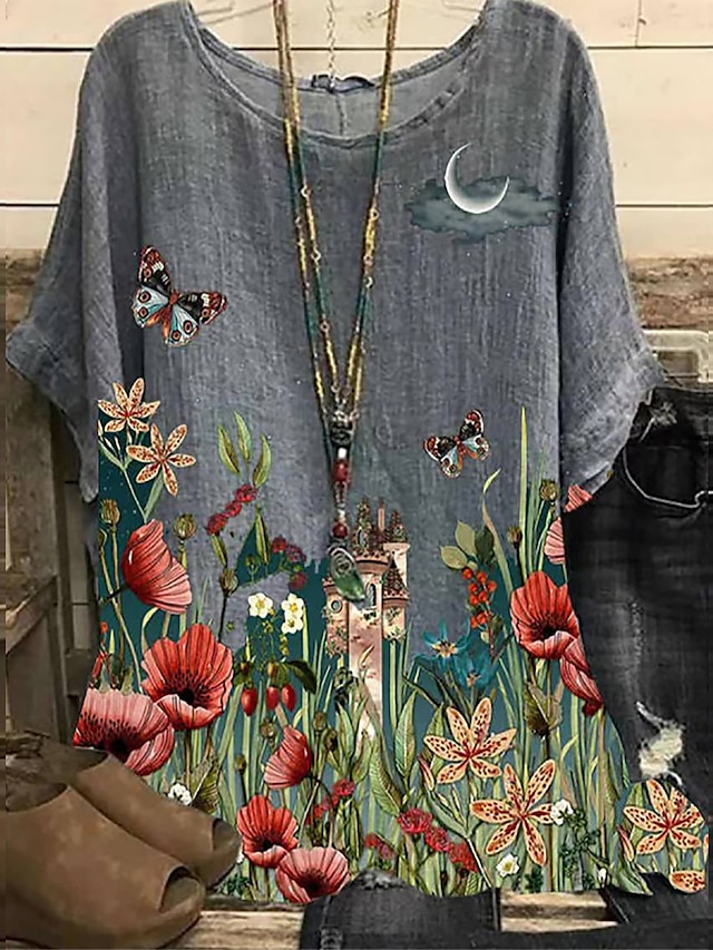 Womens Clothing Plus Size Collection | Womens Plus Size Tops Blouse Shirt Floral Butterfly Print Short Sleeve Round Neck Vintage