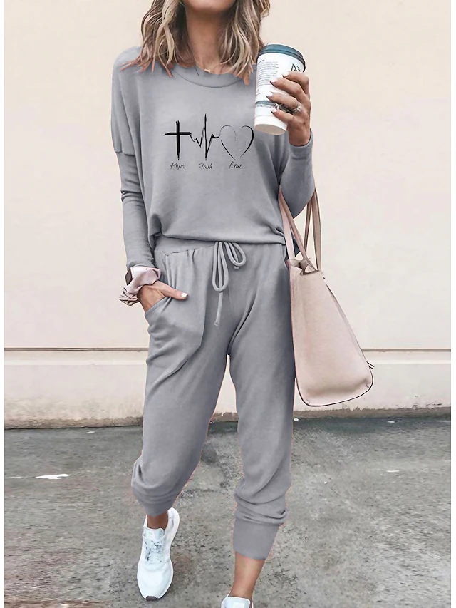 Women's 2 Pieces Sweatshirt Tracksuits Streetwear Basic T Shirt Tracksuit Pants Sets Short Sleeve Crew Neck Heart Drawstring Print Vacation Casual Daily Black Pink Gray Fall & Winter Regular Fit4