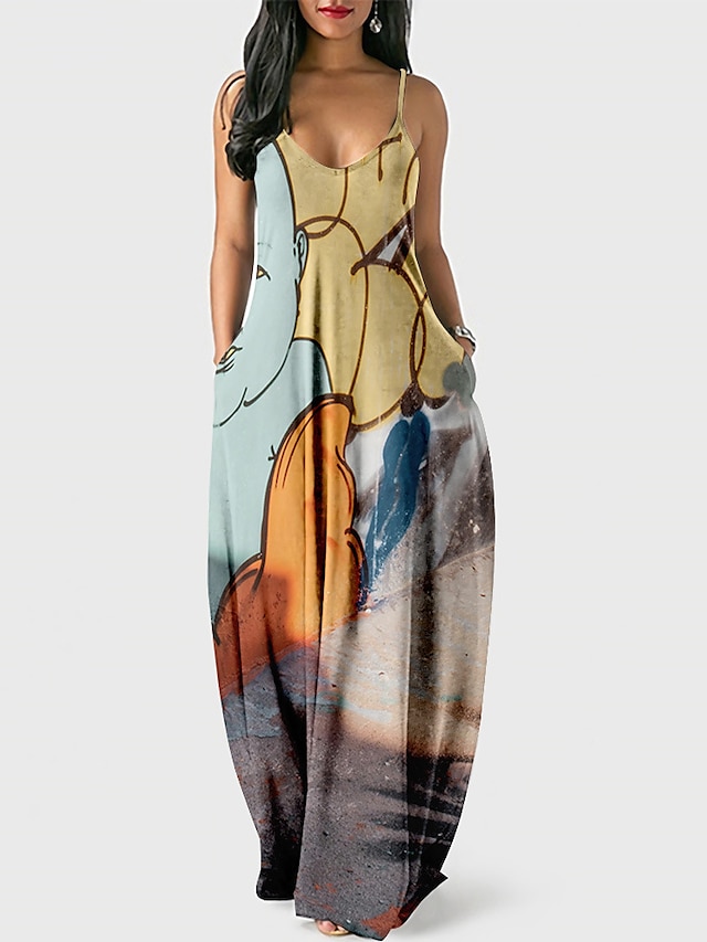 Womens Clothing Womens Dresses | Womens Strap Dress Maxi long Dress Blue White Black Orange Red Yellow Sleeveless Print Abstract