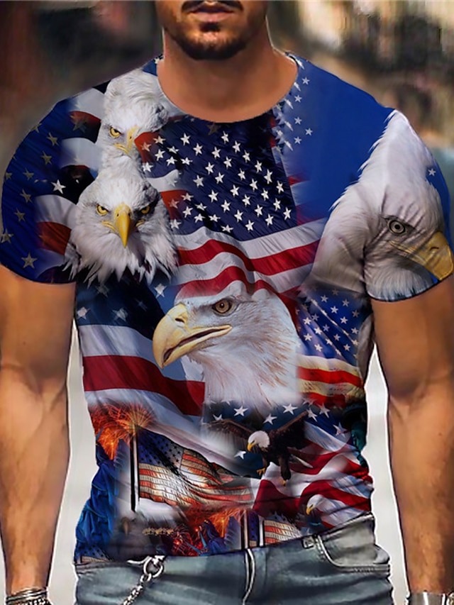  On American Flag Patriotic Mens 3D Shirt For 4Th Of July | Blue Summer Cotton | Men'S Tee Shirts Graphic Prints Independence Day National Crew Neck 3D Plus Size
