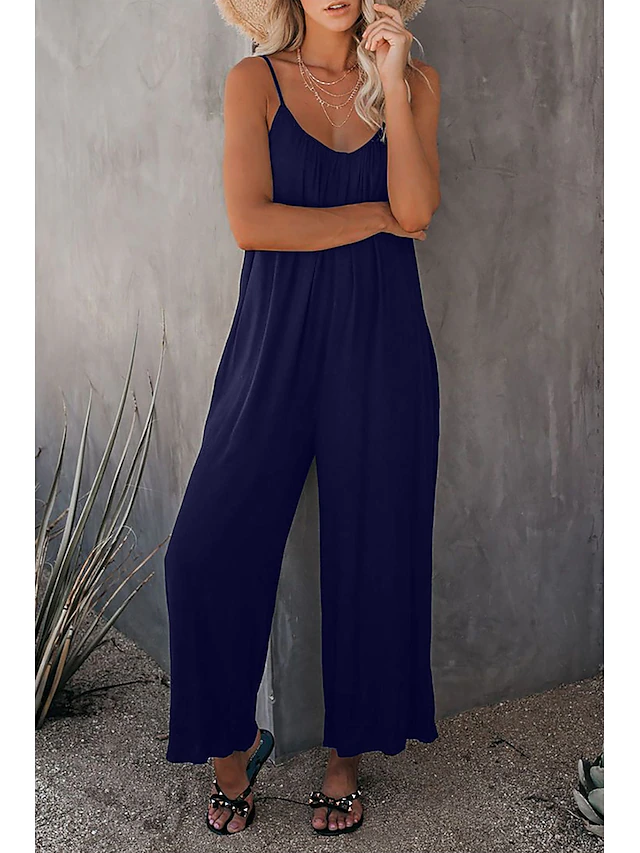 Women's Jumpsuits Casual Summer Basic Daily Wide Leg Navy Blue Overall Solid Color 20