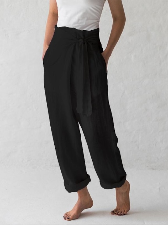  Dames Normaal Breed Been Katoenen linnen broek broek Yoga Chino Volledige lengte Hoge taille Effen zakkerig Lichtgewicht Zacht Zwart Donkerblauw Beige Koffie Ruim Passend
