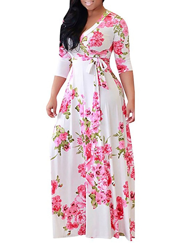 Womens Clothing Plus Size Collection | Womens Plus Size A Line Dress Floral V Neck Print Half Sleeve Fall Winter Casual Maxi lon